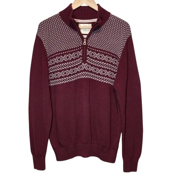 Weatherproof Vintage Holiday Sweater Mens L Burgundy Fair Isle 1/4 Zip Preppy - Picture 2 of 8